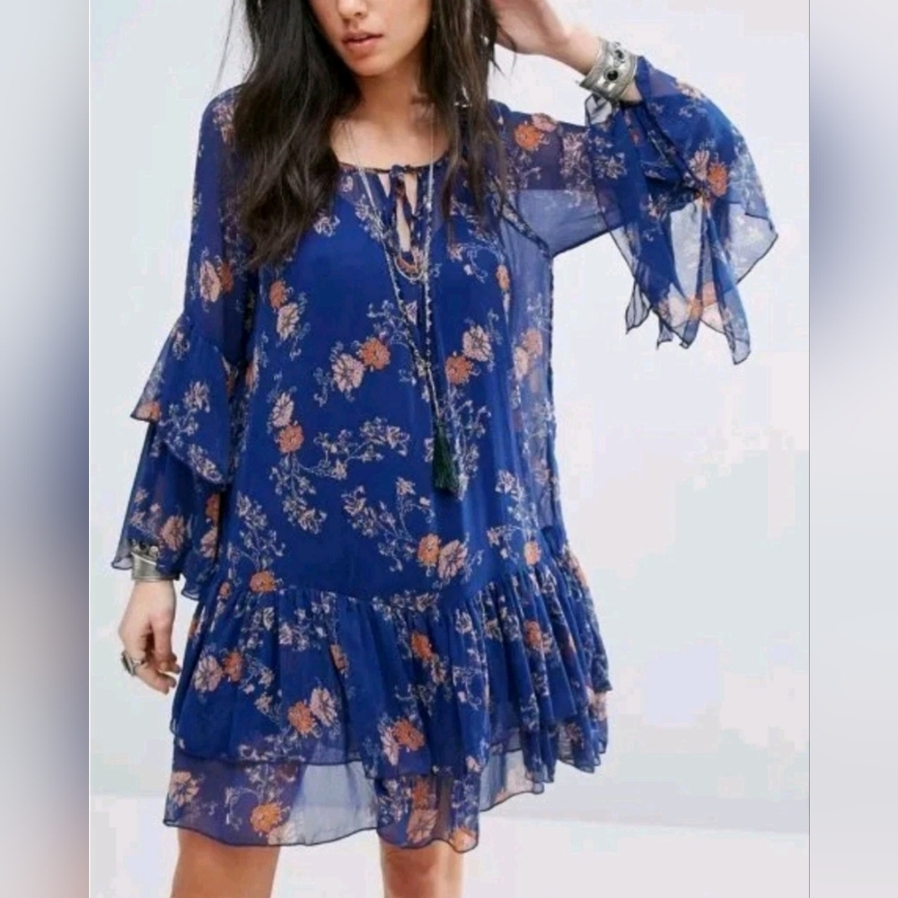 Free People Sunsetter Navy Blue Floral Tiered Mini Dress Size Small
